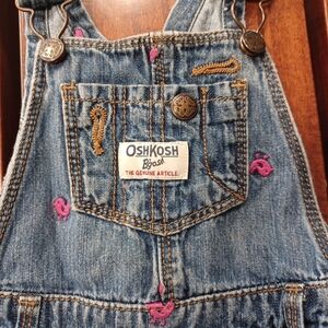 OshKosh B'gosh Pink Embroidery Chicks Spring Denim Jean Overalls 24 Months
